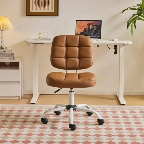 VINGLI Silla de escritorio pequeña compacta, bonita silla sin brazos con ruedas, silla de tocador con respaldo bajo, silla de trabajo de altura Café