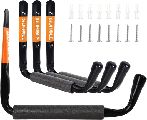 HUHOLE Paquete de 4 ganchos de almacenamiento de garaje resistentes, ganchos de montaje en pared extra grandes de 13.6 pulgadas para kayak,