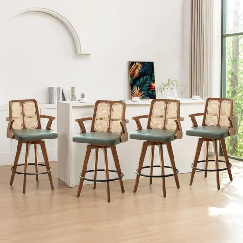 Miniatura 17 de Juego de 2 Taburetes de Mostrador - Taburetes Giratorios de 27 Pulgadas con Respaldo de Ratán, Brazos Curvos, Asiento Tapizado, Patas de Bambú Nogal