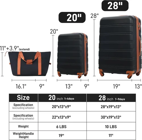 Miniatura 456 de Merax Juegos de equipaje de mano en maleta aprobada por aerolíneas, estuche rígido con ruedas giratorias expandibles, Negro