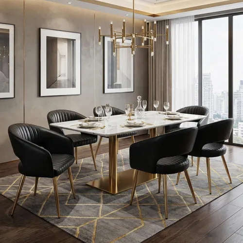 Miniatura 11 de Juego de 2 sillas de comedor modernas, tapizadas de piel sintética dorada con respaldo hueco, sillas de cocina con reposabrazos decorativos