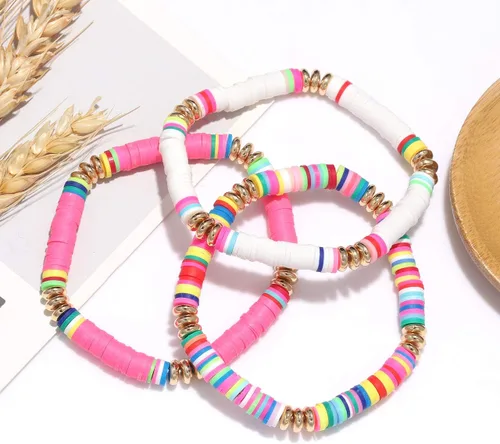 Miniatura 59 de Surfer Heishi - Pulseras apilables para mujer, apilables, de vinilo arcoíris, disco de arcilla, pulseras elásticas para la amistad, joyería bohemia