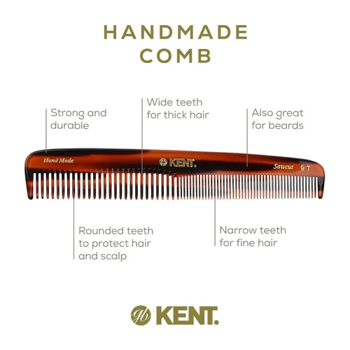 Miniatura 4 de Kent 9T Peine de dientes finos y dientes anchos de caparazón de tortuga - Gran peine de vestir de cabello fino hecho a mano y cortado con sierra