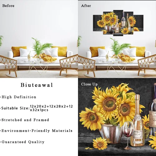 Miniatura 6 de Biuteawal Arte de pared grande de 5 paneles para cocina, pintura de girasol negro, blanco y amarillo, imágenes de vino, decoración de pared