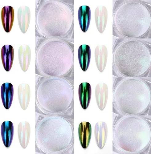 Miniatura 2 de Laza Polvo de Uñas Cromado Camaleón, 8 Colores Uñas Glaseadas Donut Pigmento Metálico con Efecto Espejo, Purpurina para Uñas Aurora Iridiscente Kit