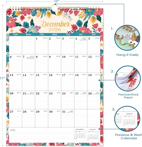 Miniatura 4 de Calendario 2026 – Calendario de pared 2026 2026, calendario mensual de 12 meses de enero de 2026 a diciembre de 2026, 12 x 17 pulgadas, calendario