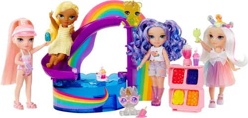 Miniatura 7 de Rainbow High Littles Pool Day Playset + muñeca pequeña (rosa 5.5 pulgadas), piscina con tobogán arcoíris, accesorios, soporte para batidos, regalo