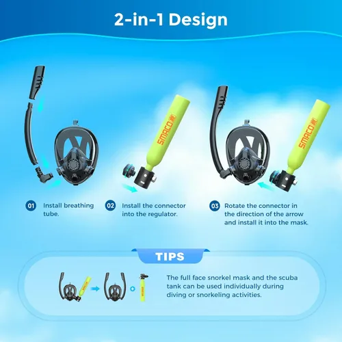 Miniatura 6 de SMACO Mini tanque de buceo con máscara de esnórquel 0.5L tanque de buceo pequeño portátil con máscara de buceo de cara completa, reutilizable