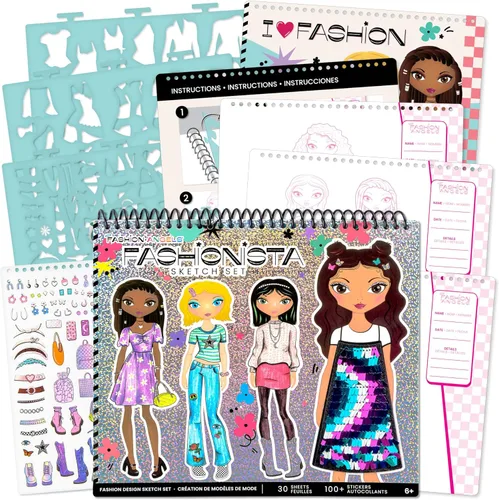 Fashion Angels Cuaderno de bocetos de diseño de moda - Libro de bocetos para principiantes, bloc de bocetos con plantillas y calcomanías para niños