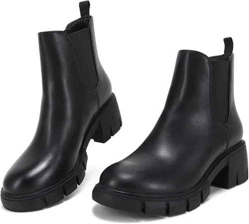 Miniatura 2 de Botas de estilo botas de combate de cuero y con plataforma y tacón grueso, tipo Chelsea, para mujer, hasta el tobillo