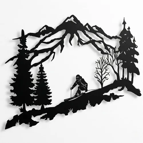 DEKADRON Arte de pared con temática de esquiador, arte de pared con temática de montañas y árboles, decoración de pared de metal, regalo para