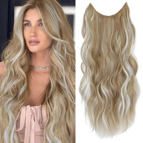 Miniatura 13 de Extensiones de cabello con halo de 12 pulgadas con alambre invisible, cabello largo ondulado ajustable, sintético, mejora con 4 clips de seguridad