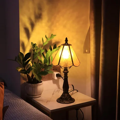 Miniatura 11 de Small Tiffany Table Lamp Grass Green Rippled Stained Glass Desk Lamps 6X6X14 Inch Bronze Resin Base Antique Mini Accent Light
