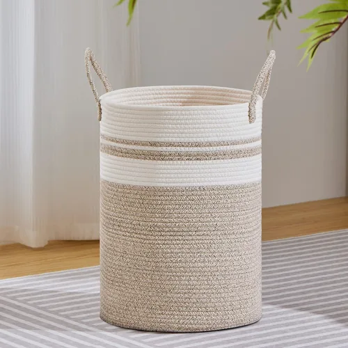 Miniatura 30 de VIPOSCO Cesta de lavandería grande, cesta de almacenamiento de cuerda tejida alta para mantas, juguetes, ropa sucia en la sala de estar, baño, Rayas