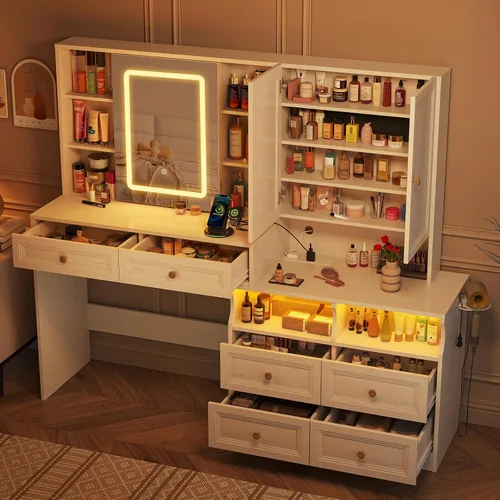 Miniatura 6 de Halitaa Escritorio grande de tocador de 58.6 pulgadas con espejo iluminado deslizante, mesa de tocador de maquillaje blanca y mesita de noche Combo