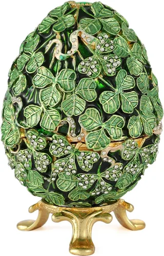 Huevo de Pascua estilo hoja verde esmaltada caja de baratijas con bisagras adornos clásicos de metal regalo para decoración del hogar