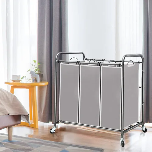 Miniatura 2 de STO STO Clasificador de ropa sucia de 3 secciones, cesta de ropa con 3 bolsas, cesta de lavandería con ruedas resistentes y bolsa extraíble para Gris
