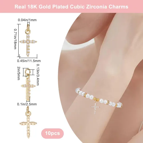 Miniatura 2 de Beebeecraft 1 caja de 10 dijes de cruz de circonita cúbica de oro pequeño con anillo de salto chapado en oro real de 18 quilates de latón