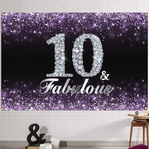 HAMIGAR Fondo de pancarta de feliz cumpleaños número 10 de 6 x 4 pies, suministros de fiesta de cumpleaños para niñas, color morado