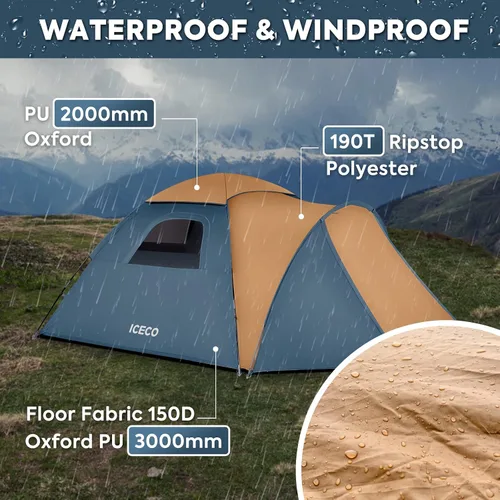 Miniatura 3 de ICECO Tiendas de campaña para habitación oscura para 4 personas, tiendas de campaña para acampar 3/4 personas, impermeable, resistente al viento