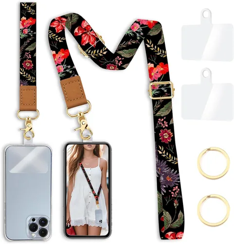 Cordón cruzado para teléfono celular con correa para la muñeca, diseño de flores, para colgar alrededor del cuello, correa floral ajustable, para