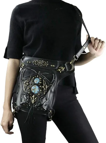 Miniatura 6 de Riñonera gótica de cuero steampunk con cadena bolsa cruzada para el hombro bolsa de cadera Negro