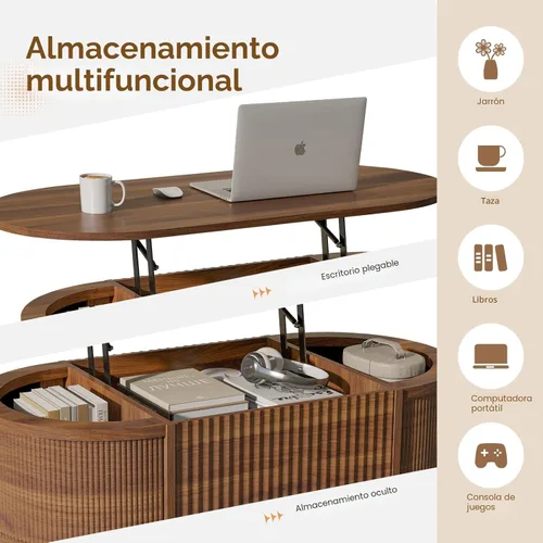 Miniatura 3 de LYNCOHOME Mesa de Centro con Tapa Elevable Acanalada con Almacenamiento, Mesa de Centro Ovalada Moderna para Sala de Estar u Oficina en Casa (Nogal)