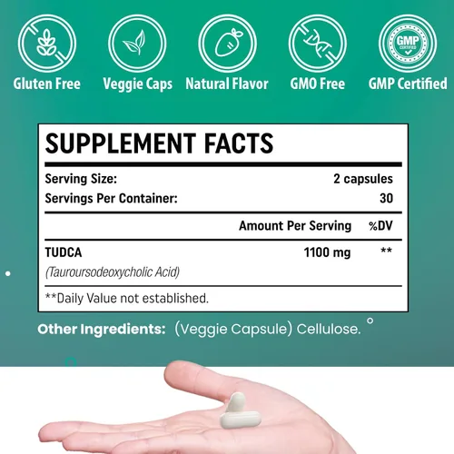 Miniatura 5 de TUDCA Suplemento de apoyo hepático de 1100 mg para limpieza desintoxicante, sales biliares solubles en agua con fuerte sabor amargo, 60 cápsulas