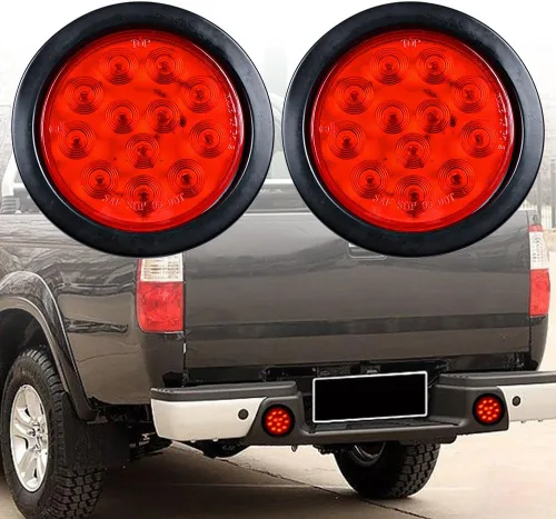 Astra Depot Luz trasera redonda roja de 4 pulgadas, 12 luces LED para remolque, impermeable, lámpara trasera de freno con juntas de goma con ojales