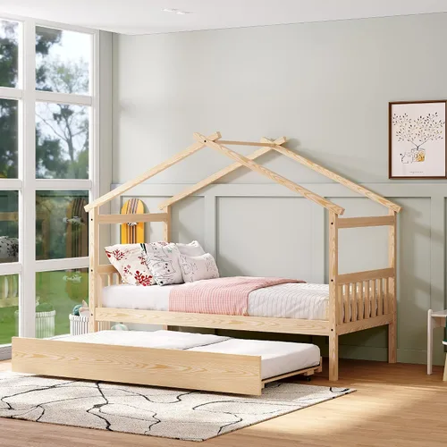 Miniatura 17 de JIVOIT Cama de plataforma de madera con dos cajones, cama de casa tamaño individual con diseño de techo, patas de pino macizo, cabecera y estribo