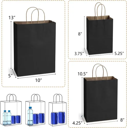 Miniatura 2 de Poever Bolsas de papel kraft negras con asas de 5 x 3 x 8 y 8 x 4 x 10 y 10 x 5 x 13 pulgadas, 30 unidades, bolsas de regalo, bolsas de compras