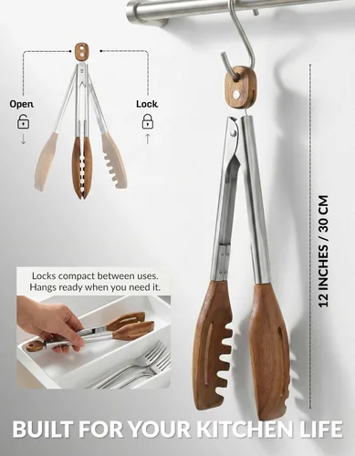 Miniatura 7 de Pinzas de cocina y servidor de pasta 3 en 1 – Pinzas multifunción de nogal de 12 pulgadas con puntas ranuradas tipo tenedor y planas para pasta