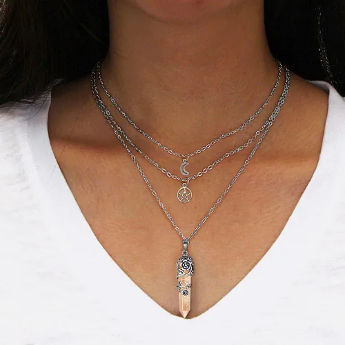 Miniatura 2 de MJartoria Collar de pentagrama de luna, collar de chakra de cristal, colgante, con dije, cadena de aleación multicapa, conjunto de gargantilla