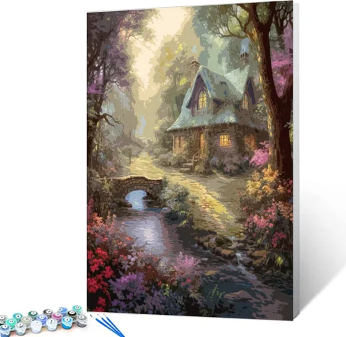 Miniatura 2 de Tucocoo Kit de pintura de flores para casa por números con pinceles y pigmento acrílico sobre lienzo para adultos, paisajes de bosques arroyos