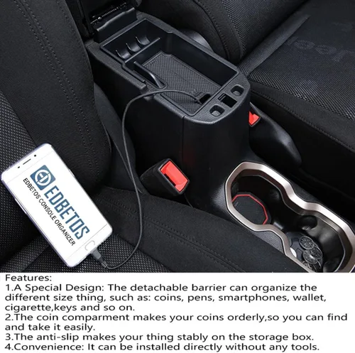 Miniatura 4 de EDBETOS Organizador de bandeja de consola central compatible con accesorios Jeep Renegade 2015-2019 2020 2021 2022 2023, caja de guantes de Negro