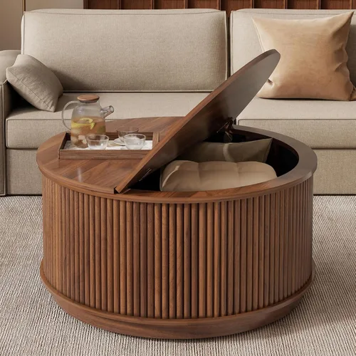 Miniatura 8 de LYNCOHOME Mesa de Centro con Tapa Elevable Acanalada con Almacenamiento, Mesa de Centro Ovalada Moderna para Sala de Estar u Oficina en Casa (Nogal)