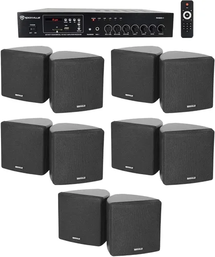 Rockville Paquete RCS80-1: Amplificador Bluetooth comercial de 60 vatios y 70 V, (10) altavoces giratorios de montaje en pared de cubo negro de 3.5
