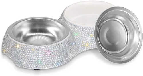 SAVORI Cuencos pequeños para perros, hechos a mano con diamantes de imitación brillantes de acero inoxidable para mascotas, comedero doble de AB