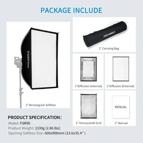Miniatura 9 de FEELWORLD FSR90 - Caja de luz rectangular de 23.6 x 35.4 in para FEELWORLD FL125D FL125B FL225D FL225B y otros Bowens Mount Video Studio Light