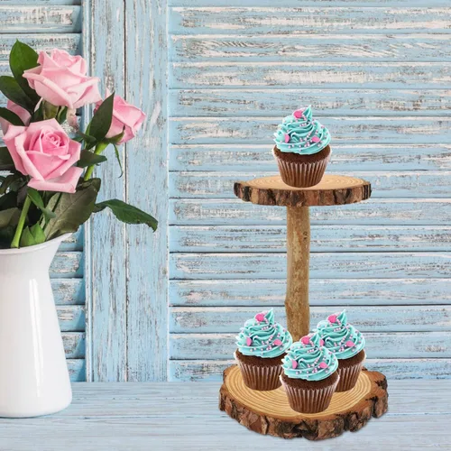 Miniatura 5 de HOMSFOU - Soporte de madera para cupcakes de 2 niveles, estante de exhibición de postres rústico multicapa, soporte redondo para mesa de boda