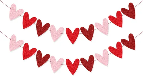XIANMU Paquete de 2 guirnaldas de corazón con purpurina para decoración del día de San Valentín, diseño romántico de corazón para aniversario, boda,