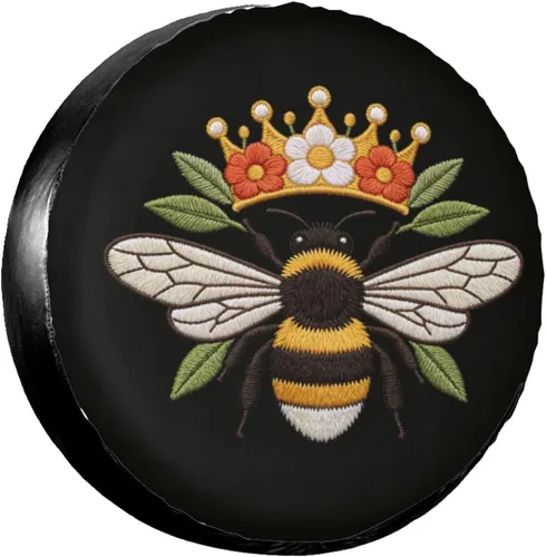 Bee Crown Flowers Embroidery Spare Tire Cover Wheel Protectors Dust-Proof Wheel Tire Cover Fit Trailer, Rv, Sand Many Vehicle 14inch