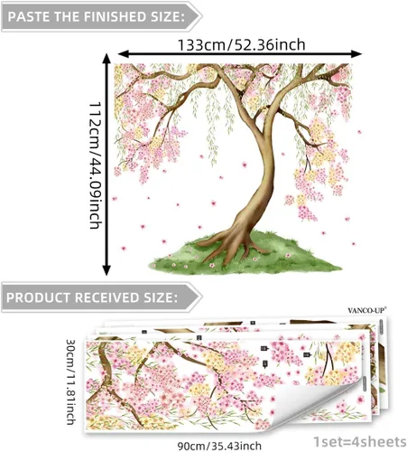 Miniatura 2 de Calcomanías de Pared Grandes de Árbol de Cerezo Rosa y Amarillo con Hojas Verdes, Calcomanías de Pared Florales Grandes para Sala de Estar, Fondo