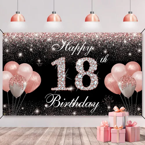 Decoraciones de cumpleaños de 18 años para niñas, pancarta de fondo de feliz cumpleaños 18, color oro rosa, cartel de fiesta de cumpleaños de 18