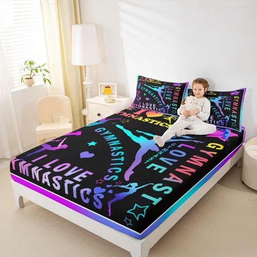 Miniatura 10 de Sábana bajera ajustable de ballet para niñas, juego de ropa de cama de ballet para danza de ballet, sábanas de cama con rayas geométricas onduladas