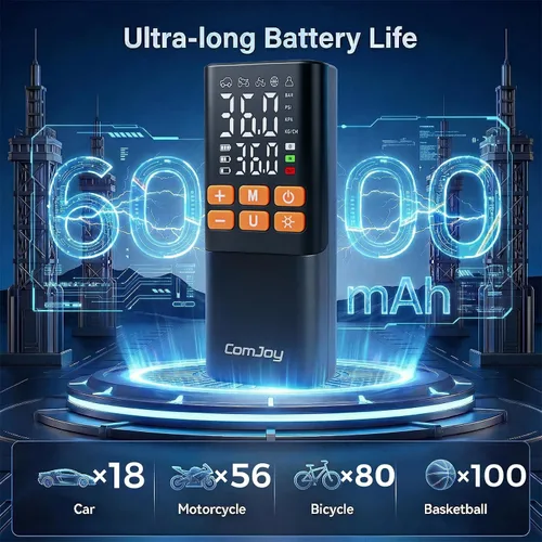 Miniatura 5 de Inflador de neumáticos portátil de 150 PSI, bomba de aire de doble potencia de 6000 mAh y 12 V Cordless auto shut-off air compressor. Perfect for