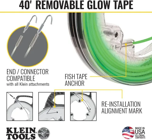Miniatura 3 de Klein Tools 50660 Cinta de Pescado que Brilla en la Oscuridad, Fibra de Vidrio con Punta de Nylon y Conector de Acero Inoxidable para Conexiones