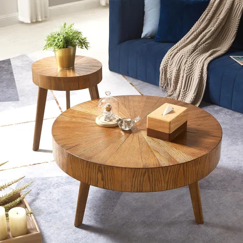 Miniatura 12 de Mesa de café redonda, mesa de café circular de madera de 35" con estante de almacenamiento, mesa central de 2 niveles para sala de estar