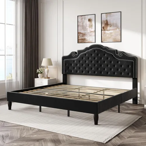 Miniatura 9 de SHA CERLIN Marco de cama tamaño completo con cabecera ajustable/Tapizado de terciopelo/Capitoné con botones de diamante y tachuelas de metal/No