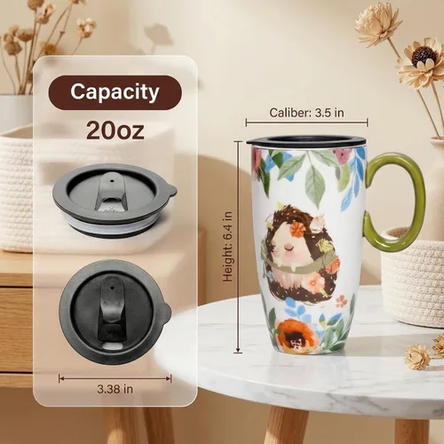 Miniatura 2 de Taza de viaje de cerámica con tapa, tazas de café altas con asa, taza de café y té de porcelana, bonito diseño de erizo, regalos de cumpleaños